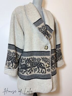 Vintage Wool Sweater Jacket Animal Print Shawl Collar Western Heritage Lodge